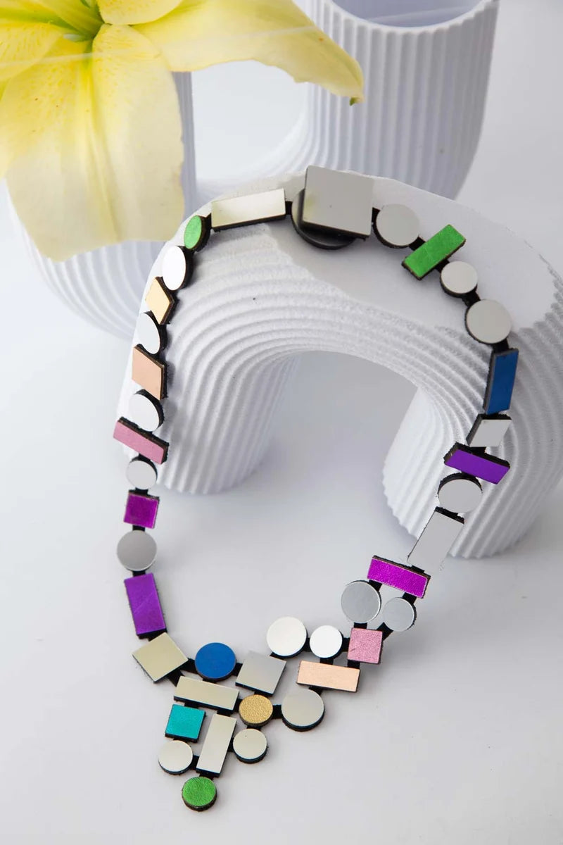 Bauhaus V Necklace - Silver & Rainbow