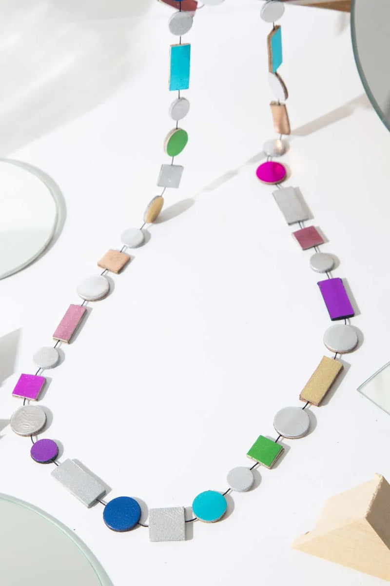 Long Bauhaus Necklace - Silver & Rainbow