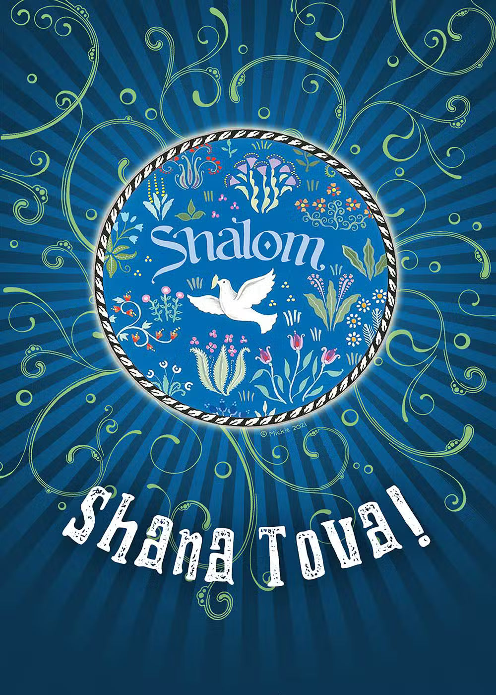 New Year Blue Shalom Cards by Mickie Caspi Pack of 8 cards