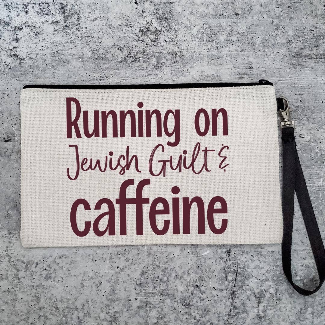 Running on Jewish Guilt Zippered Pouch - Caffeine, Cold Brew, Challah - The Weitzman Museum Store -