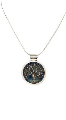 Silver and brass Oak Tree necklace with Labradorite