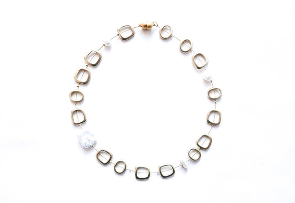 Gold Oval and Square Pearl Necklace