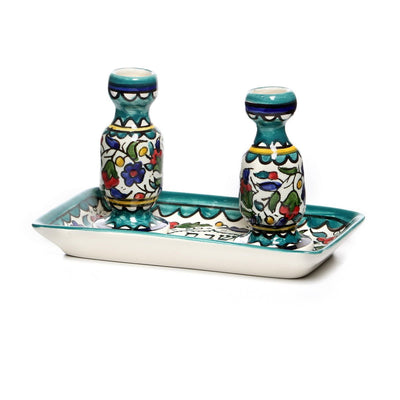 Armenian Teal Flowers Candlesticks + Tray - The Weitzman Museum Store - AR301T
