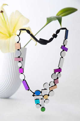 Bauhaus V Necklace - Silver & Rainbow - The Weitzman Museum Store - BH26SLRB-JN