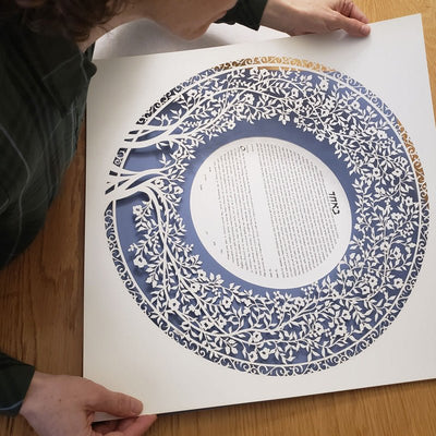 Blooming Tree Ketubah Circle in Dusty Blue by Melanie Dankowicz - The Weitzman Museum Store - 