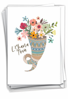 Boxed Rosh Hashanah Cards - Horn of Flowers - The Weitzman Museum Store - C7769RHG - B12x1