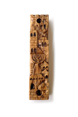 Carved Jerusalem Scene Wood Mezuzah - The Weitzman Museum Store - 304A