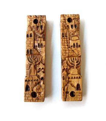 Carved Jerusalem Scene Wood Mezuzah - The Weitzman Museum Store - 304A