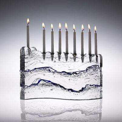 Clear Glass S Menorah Blue Stripe - The Weitzman Museum Store - mnscb