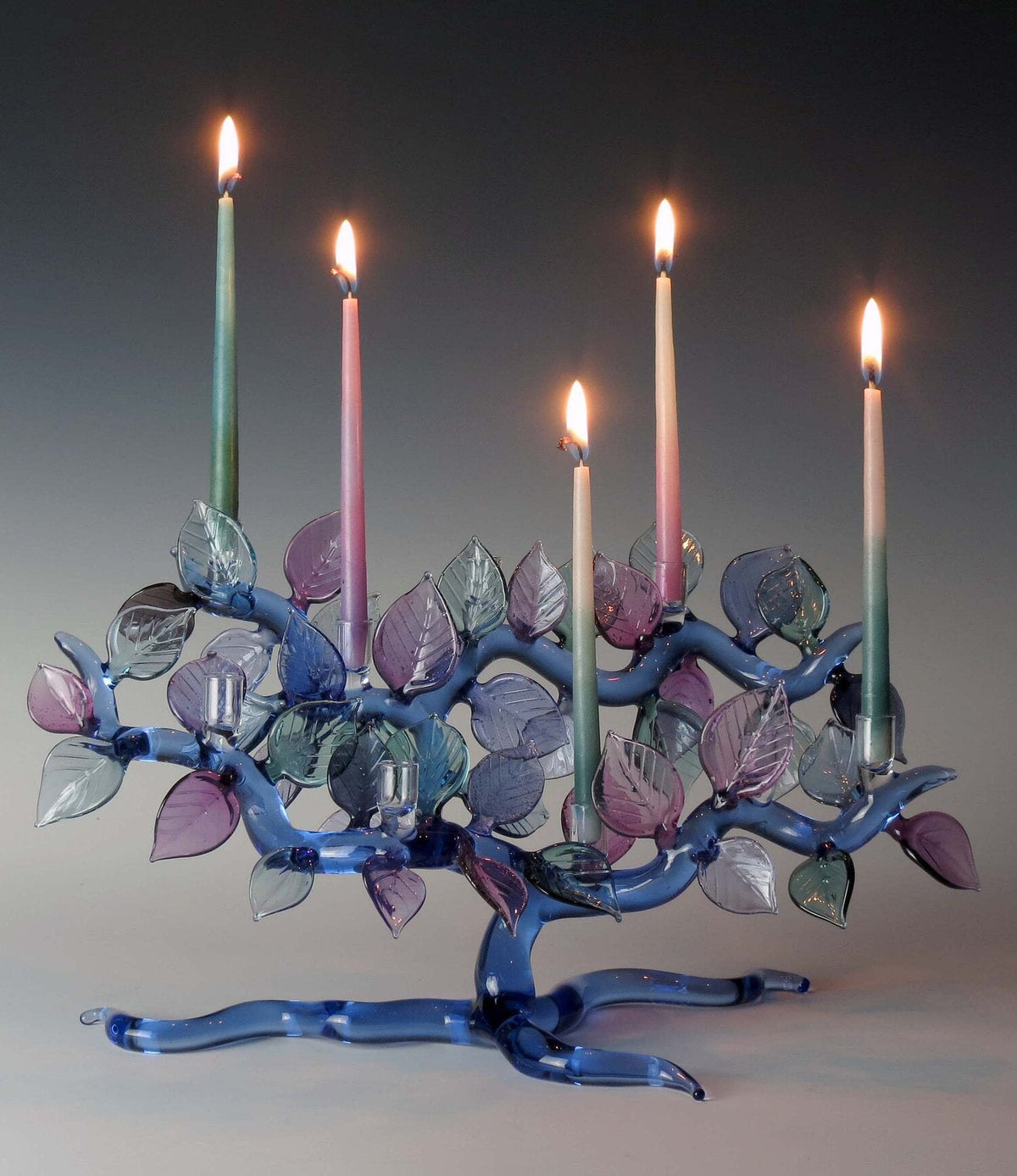 Cobalt w/Teal & Lavendar Tree of Life Menorah - The Weitzman Museum Store - 11733558