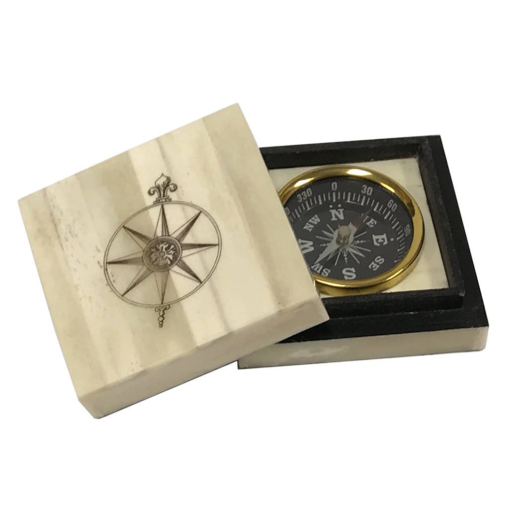 Compass Rose Engraved Scrimshaw Bone Box w/ Brass Compass - The Weitzman Museum Store - 6678C