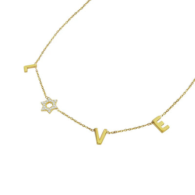 14K Gold Jewish Star and Love Necklace with Diamonds