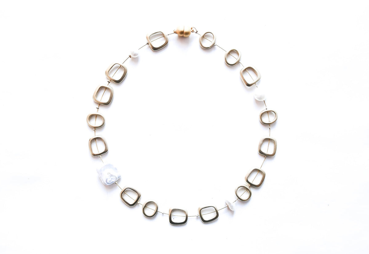 Gold Oval and Square Pearl Necklace - The Weitzman Museum Store - SH49A