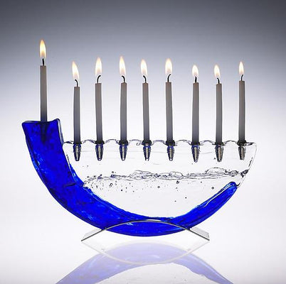 Handblown Glass Blue Shofar Menorah with Metal Base - The Weitzman Museum Store - mnshfcm