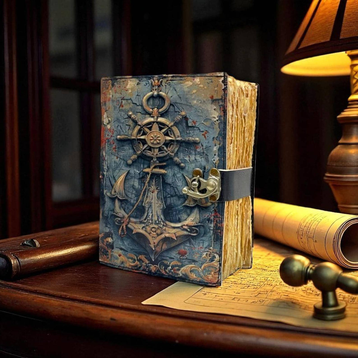 Handmade Nautical Leather Journal: Anchor & Ship Wheel - The Weitzman Museum Store - 