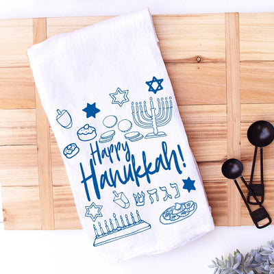 Happy Hanukkah Icons Dish Towel - The Weitzman Museum Store - 