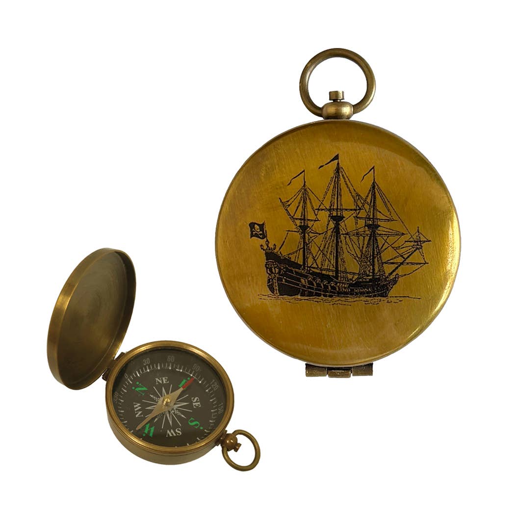 Pirate Ship Antiqued Flip - Top Solid Brass Compass, 1 - 3/4" - The Weitzman Museum Store - 6950LC