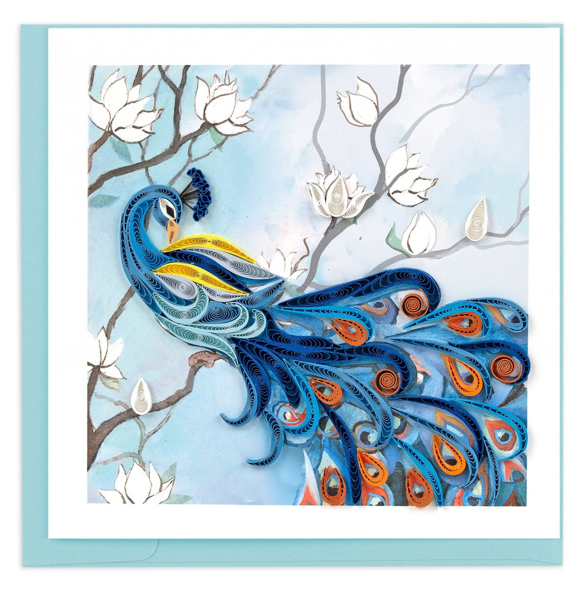 Quilled Peacock with White Flowers Greeting Card - The Weitzman Museum Store - CM025