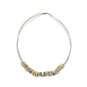 Silver Wire Necklace with Silver and Gold Rings and Crystals - The Weitzman Museum Store - S151E