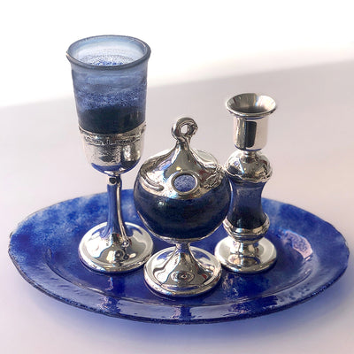 Blue Glass and Sterling Silver Havdalah Set
