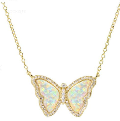 Opal Butterfly W/Gold & Crystal Necklace
