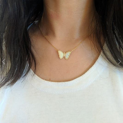 Opal Butterfly W/Gold & Crystal Necklace